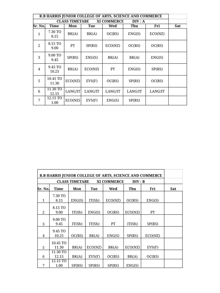 11th Grade Class Timetable Overview | PDF