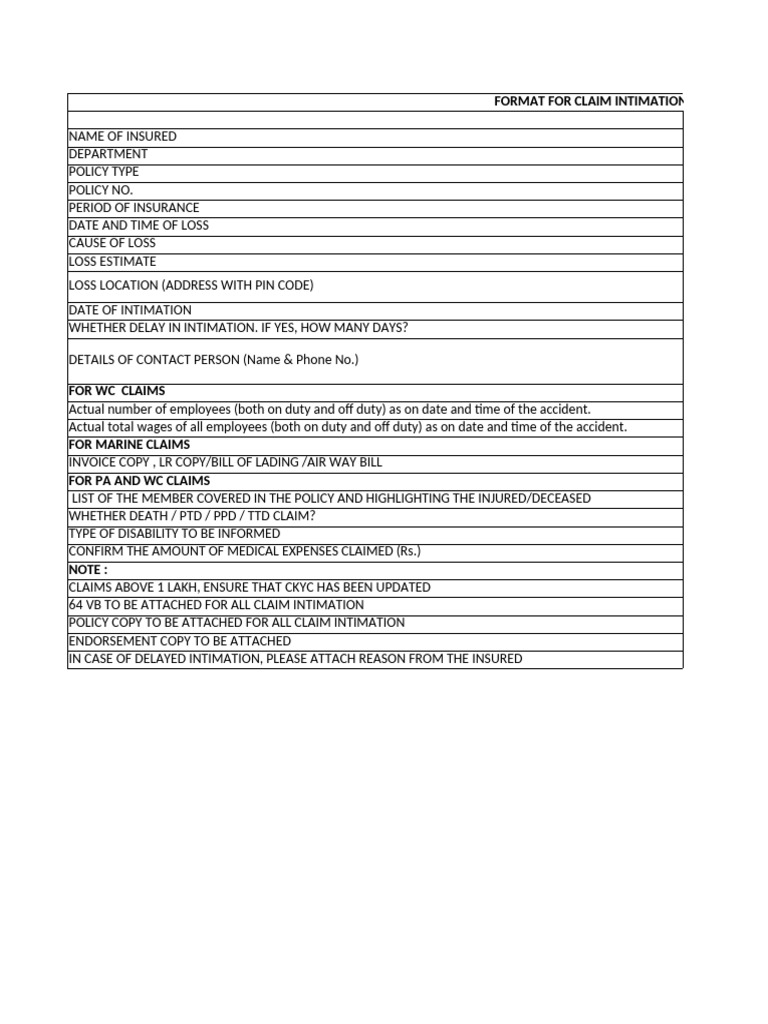 Shopkeeper Pa Claim Intimation Format | PDF