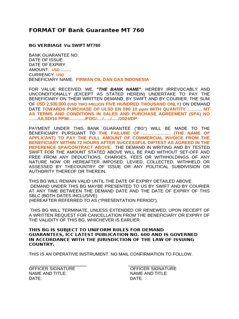 Bank Guarantee MT760 Format Guide | PDF