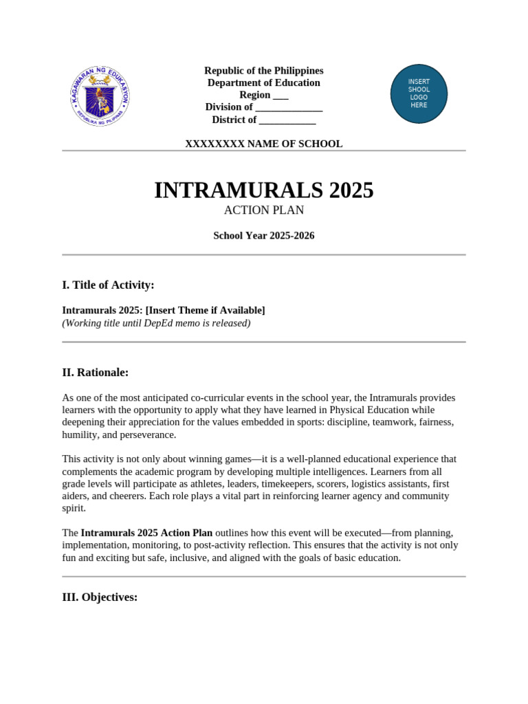 Intramurals 2025 Action Plan | PDF | Teachers | Learning