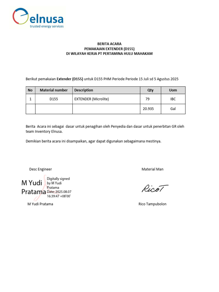 BA Pemakaian D155 PHM Periode 15 Juli SD 5 Agustus 2025 | PDF