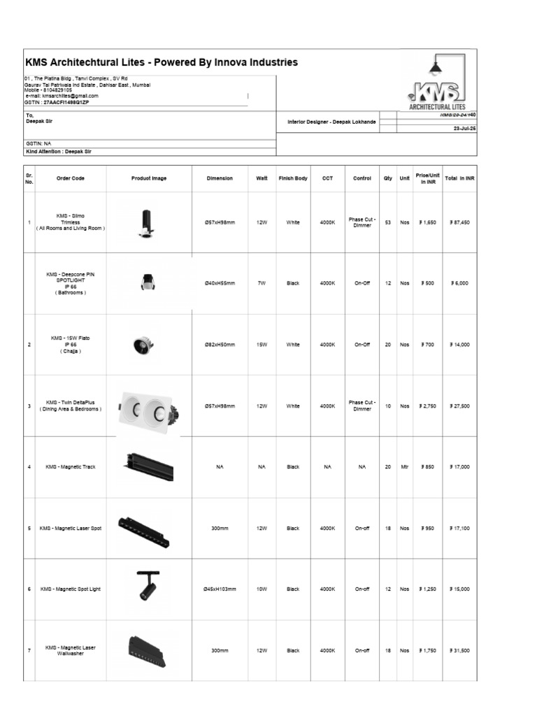 KMS Architectural Lighting Quotation | PDF