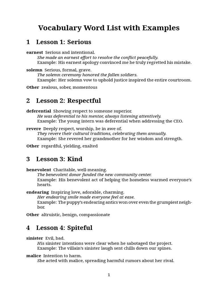 Vocabulary Word List with Examples | PDF