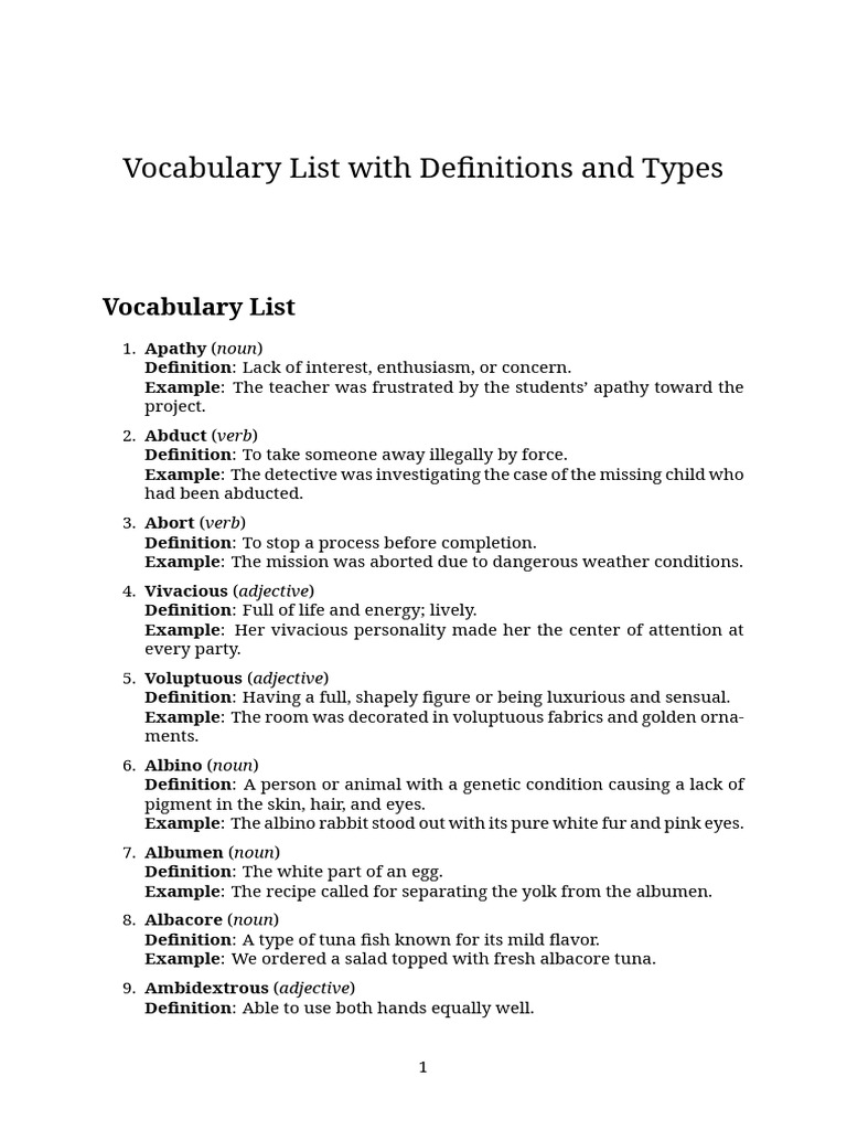 Vocabulary List With Definitions and Types | PDF | Adjective | Linguistics