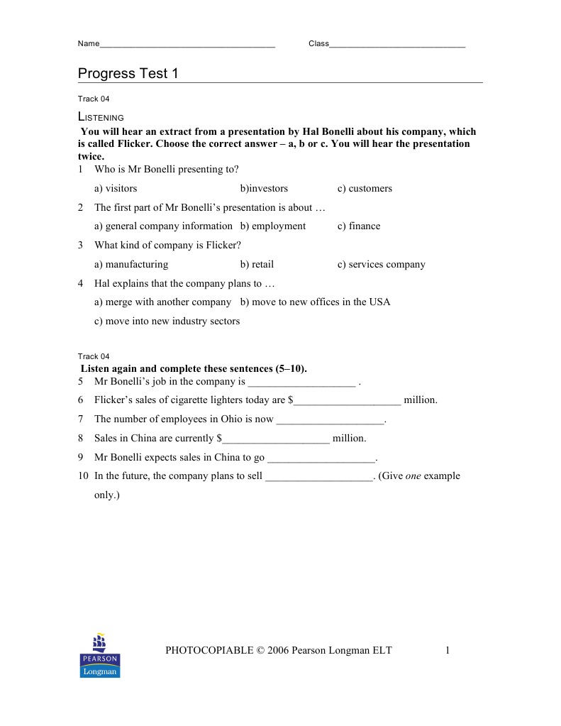 Pre Intermediate Progress Test 1 | PDF | Sales | Cosmetics