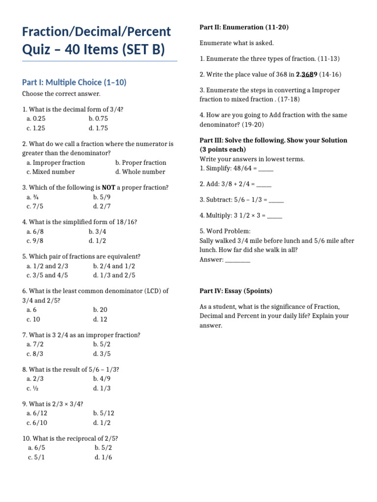 Fraction, Decimal, Percent Quiz 40 Items | PDF | Division (Mathematics ...