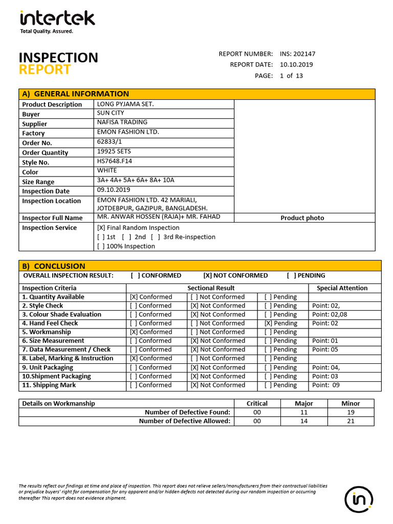 Final Inspection Report for Emon Fashion | PDF