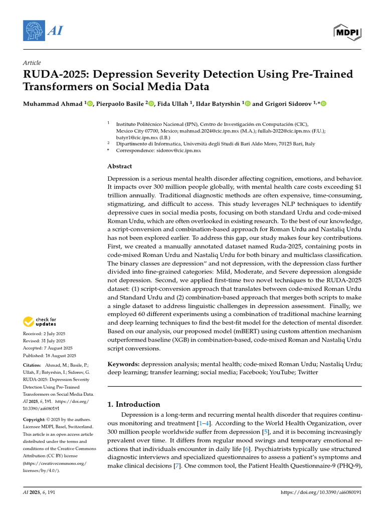 RUDA-2025: Depression Severity Detection Using Pre-Trained Transformers ...