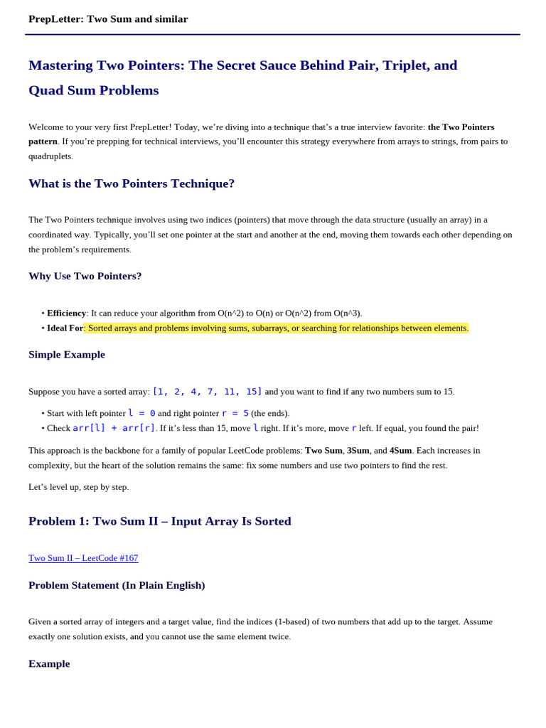 PrepLetter #1 Two Sum and Similar | PDF | Software Engineering ...