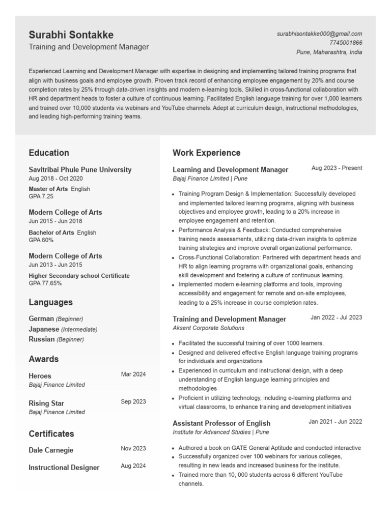 Learning and Development Manager Profile | PDF | Educational Technology ...