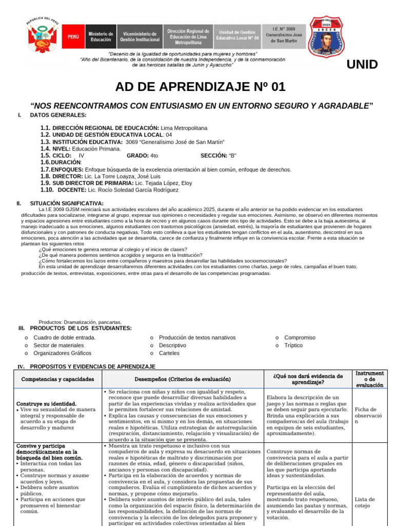 UNIDAD DE APRENDIZAJE #01 Actualizado | PDF | Salón de clases | Enseñando
