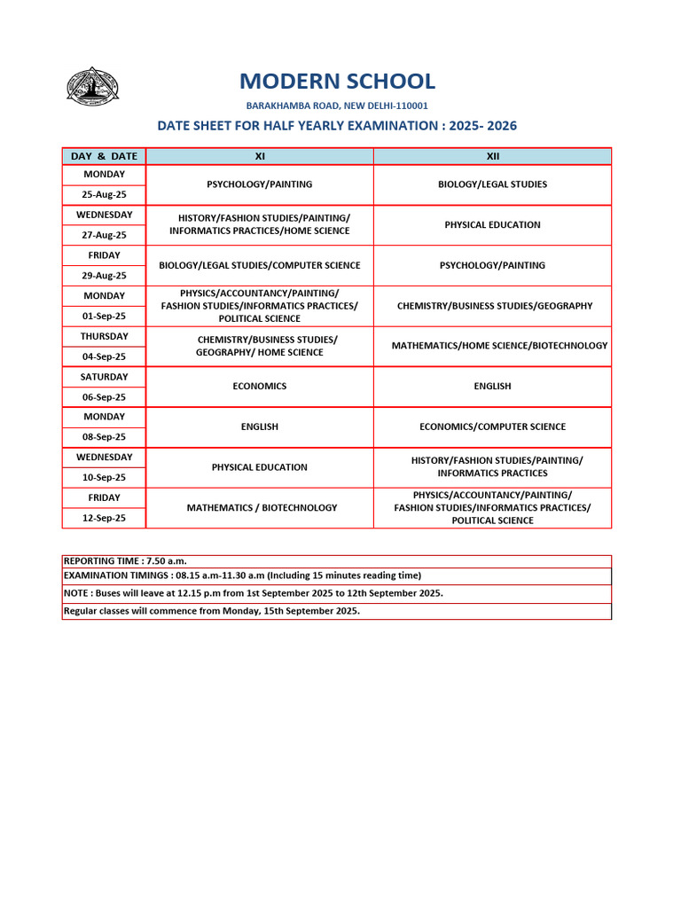Half Yearly Examination Date Sheet For Classes Xi-Xii | PDF