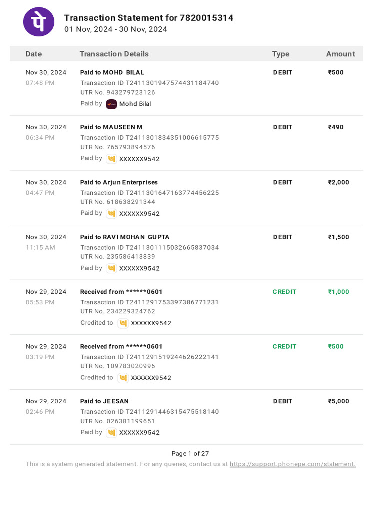 Transaction Statement for 7820015314 | PDF | Credit Card | Debit Card