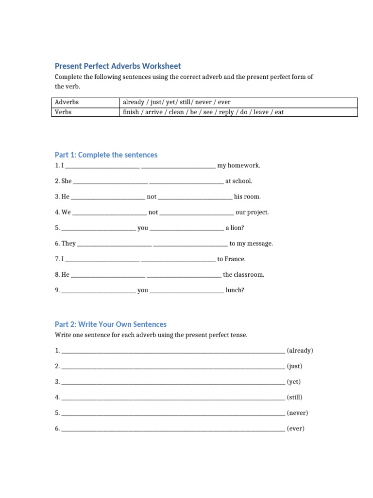 Present Perfect Adverbs Worksheet | PDF