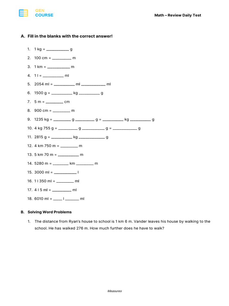 Grade 3 Measurement Practice Test | PDF
