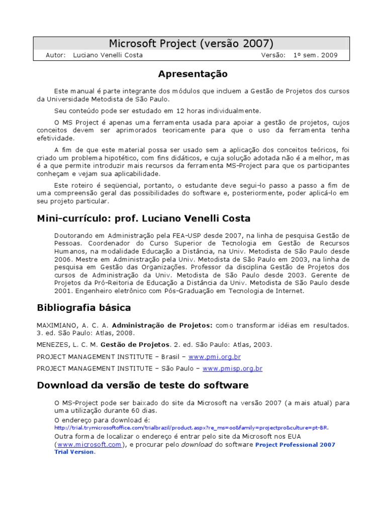 Manual do MS Project 2007 | PDF | Tempo | Calendário