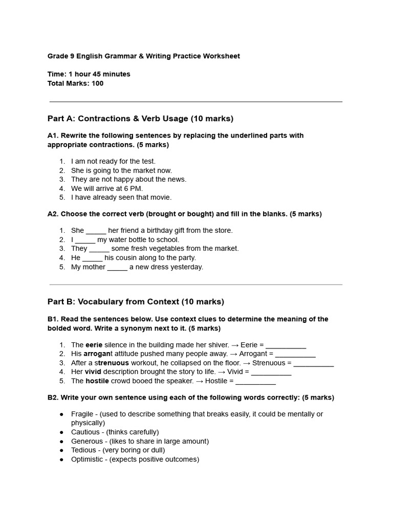 Grade 9 English Grammar Practice Worksheet | PDF | Clause | Linguistics
