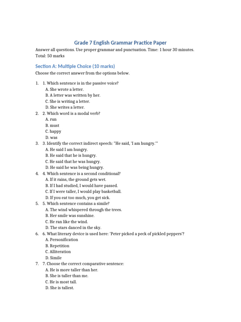 Grade 7 English Grammar Practice Test | PDF | Verb | Linguistics