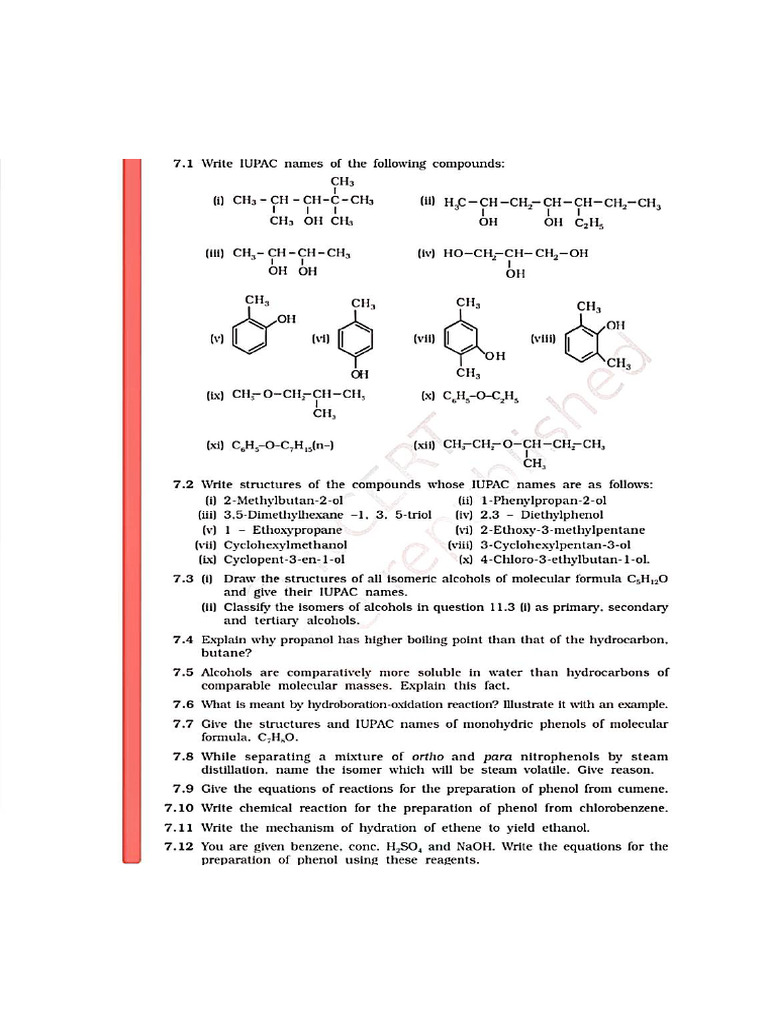 Alcohol Phenol Ether Ncert Practise Test Class 12 | PDF
