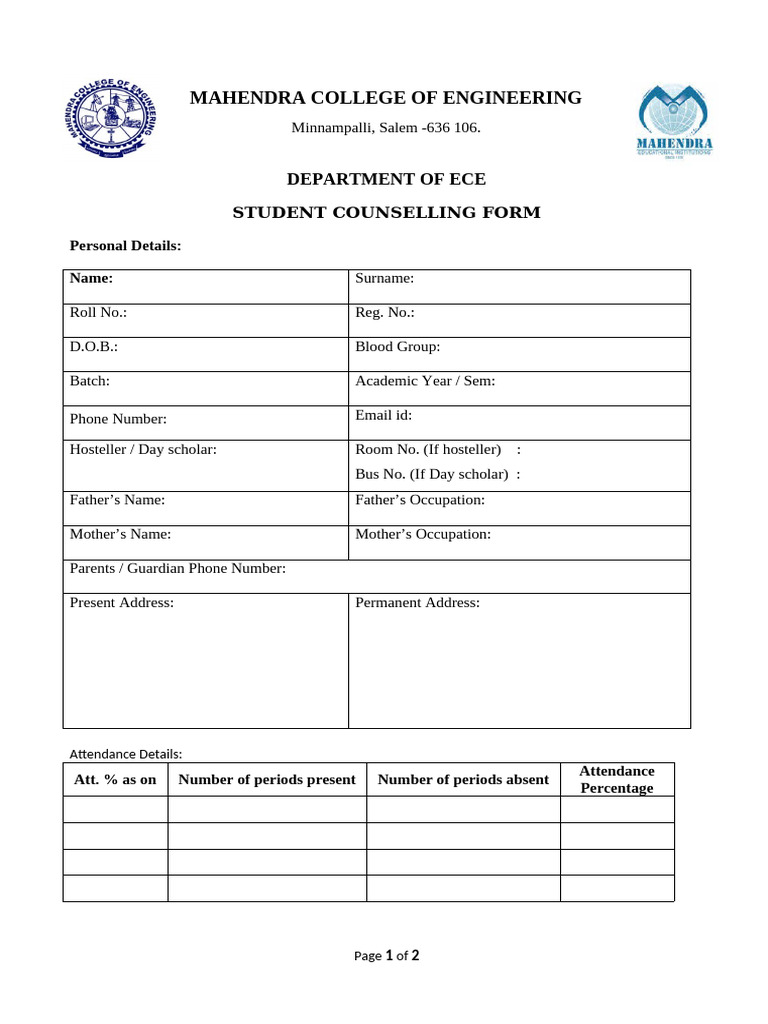Student Counselling Form Template | PDF