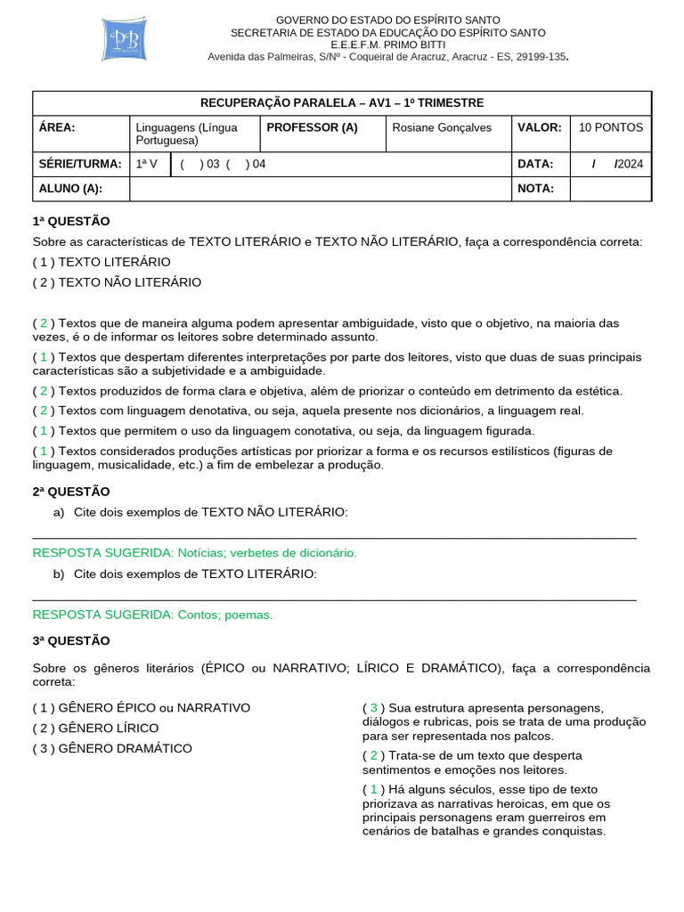 Atividades sobre Gêneros Textuais 1º Ano | PDF