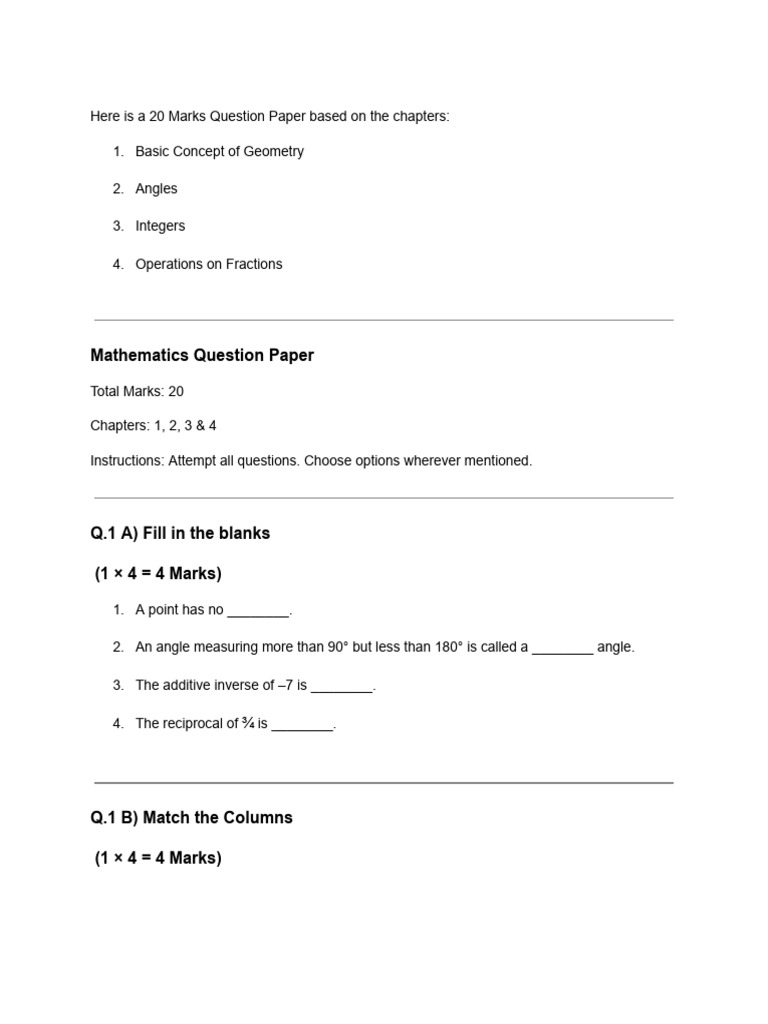 20 Marks Math Question Paper on Geometry | PDF