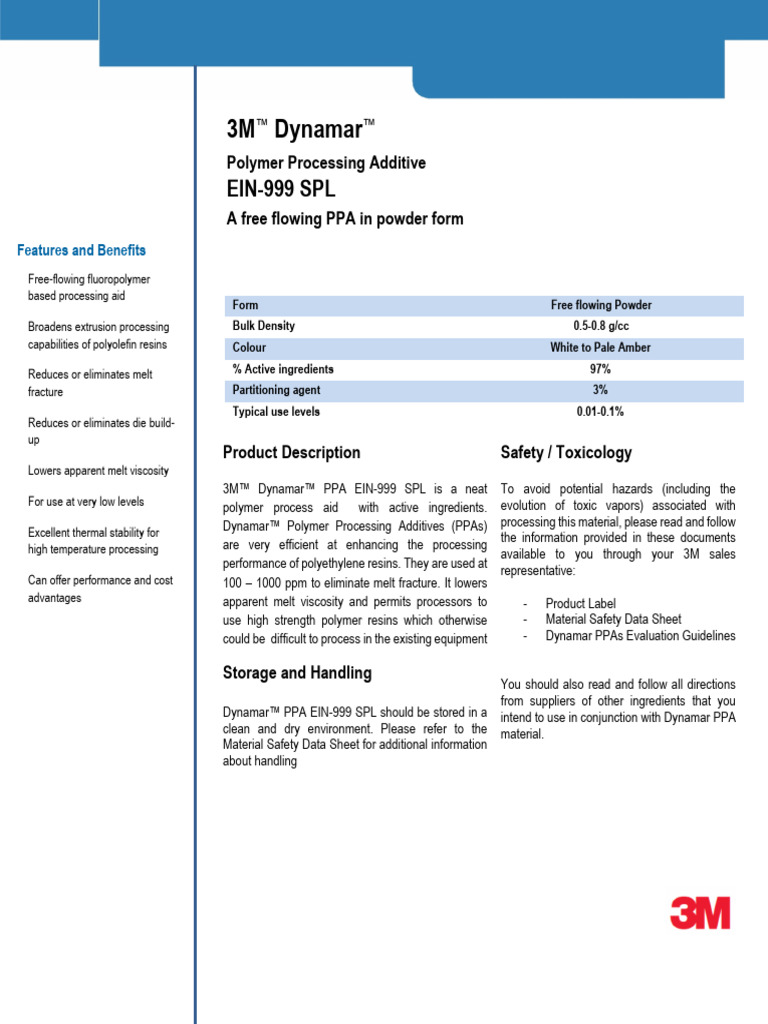 3m Dynamar Ein 999 SPL Polymer Processing Additive | PDF