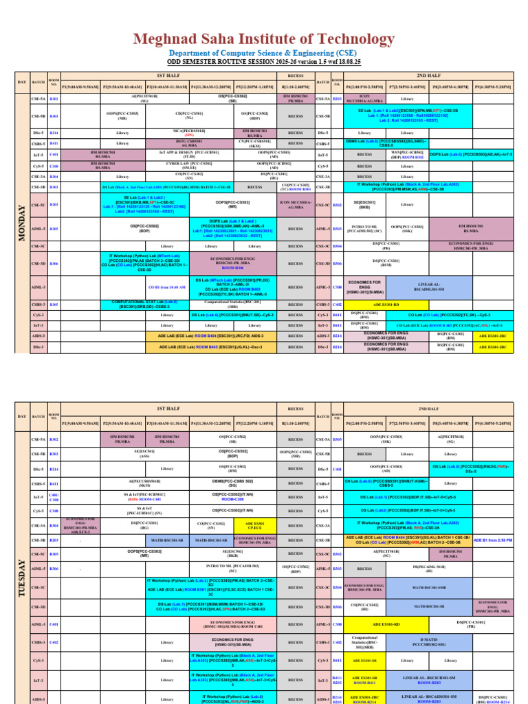 Semester 2025-26 Class Schedule | PDF