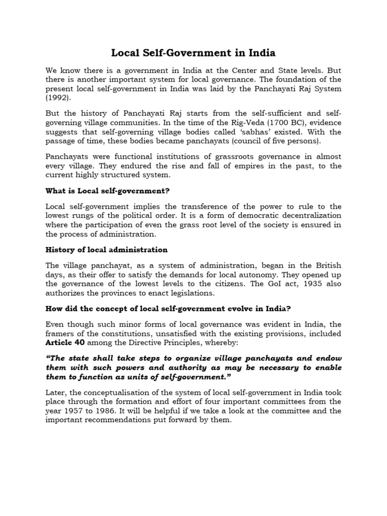 Evolution of Local Self-Government in India | PDF | Government Of India ...