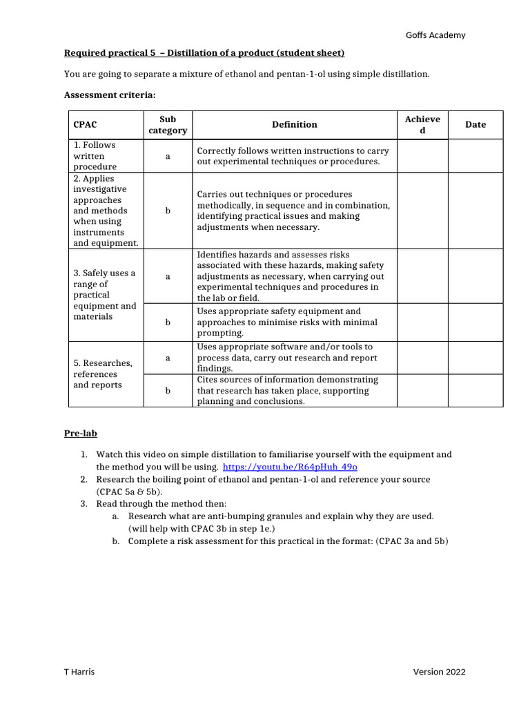 Simple Distillation of Ethanol and Pentan-1-ol | PDF | Distillation | Risk