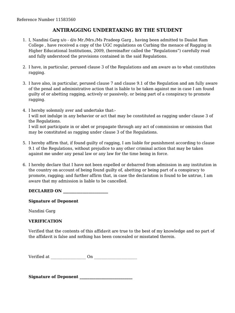 Anti Ragging Affidavit Form | PDF | Affidavit