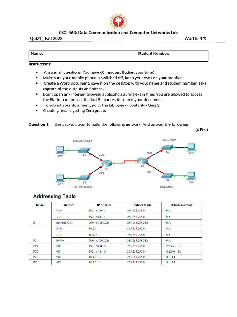 Data Communication Lab Quiz 1 Guide | PDF