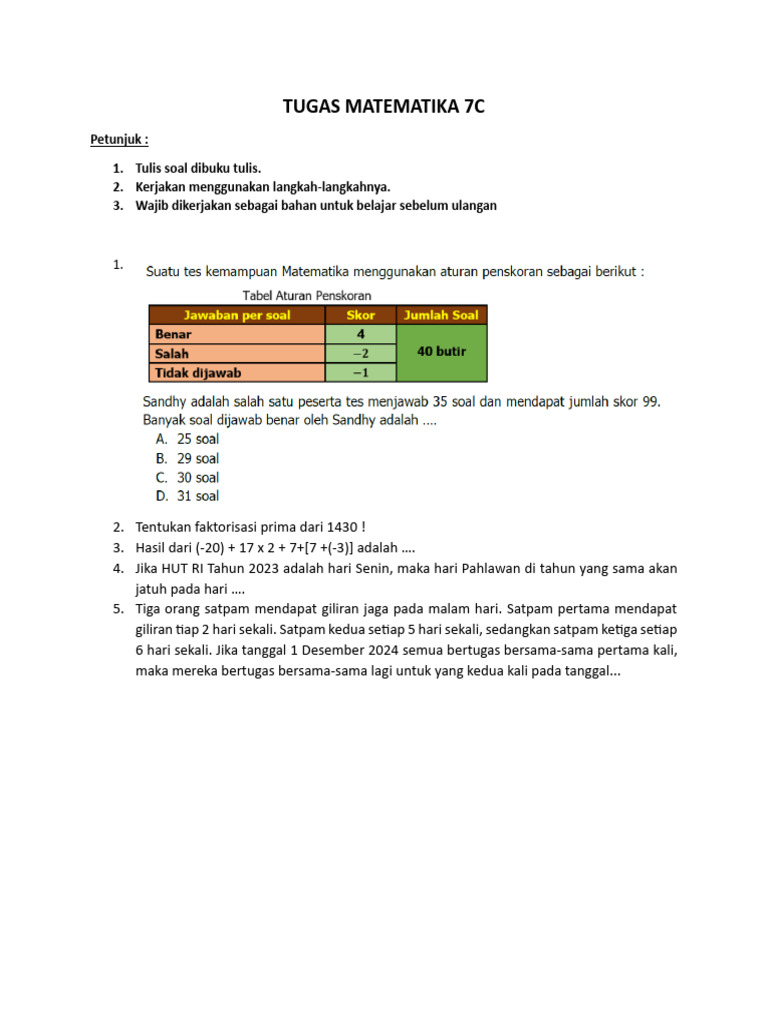 Tugas Matematika Kelas 7C untuk Ulangan | PDF