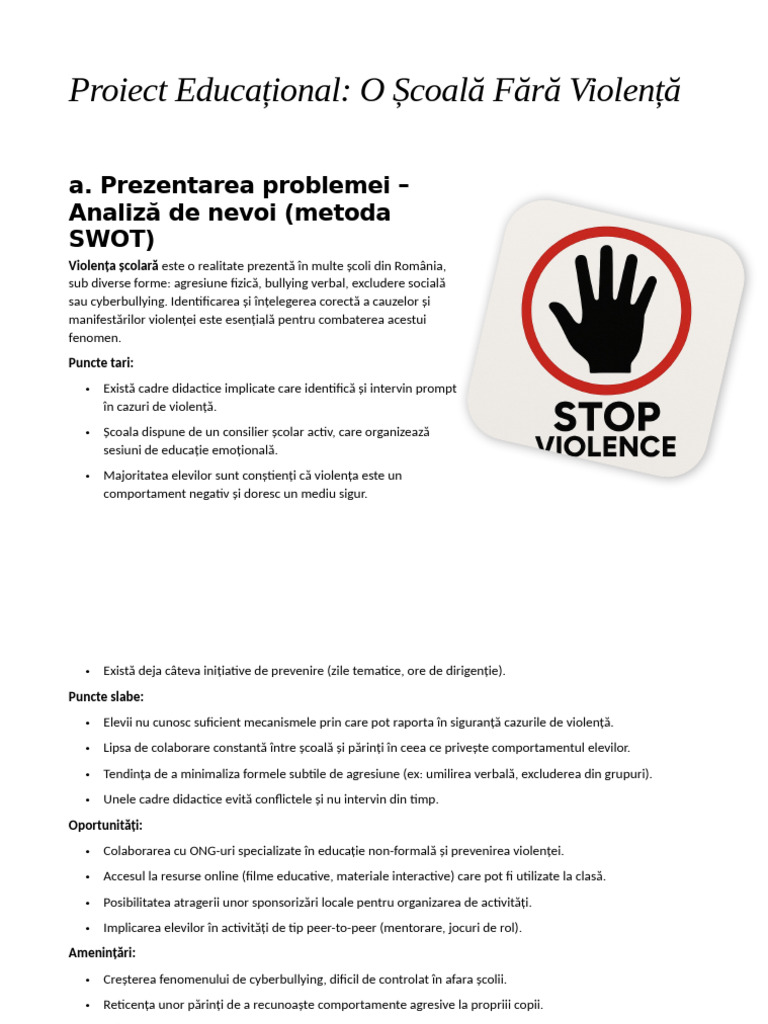 Proiect Educațional STOP VIOLENTA | PDF