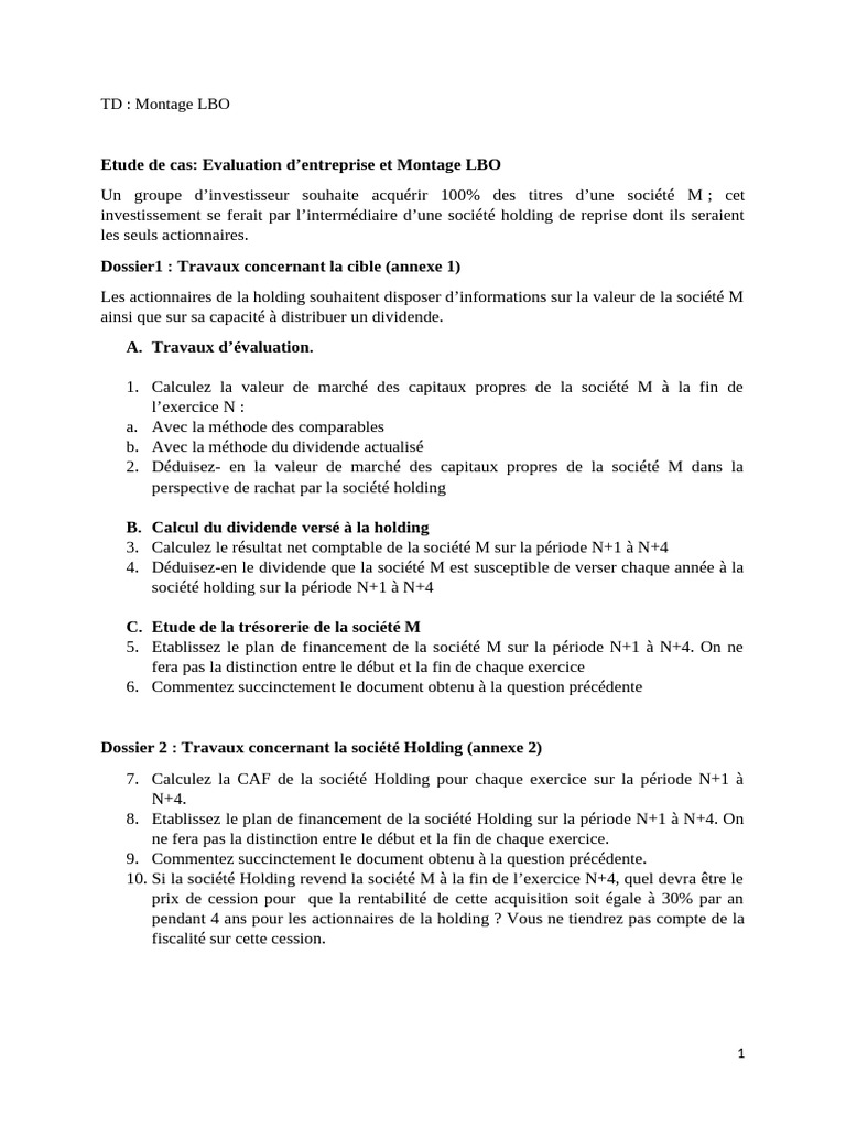 Montage Financier LBO : Étude de Cas | PDF | Capitaux propres | Revenu brut