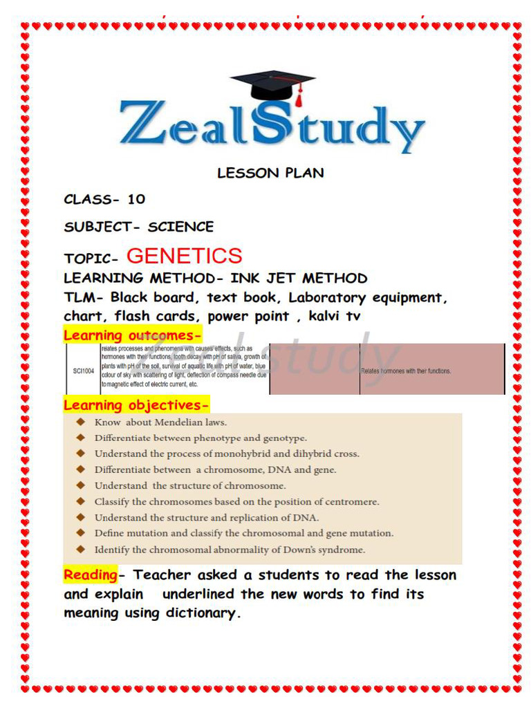 Zeal Study Leson Plan 10th Science Lesson Plan - Genetics | PDF