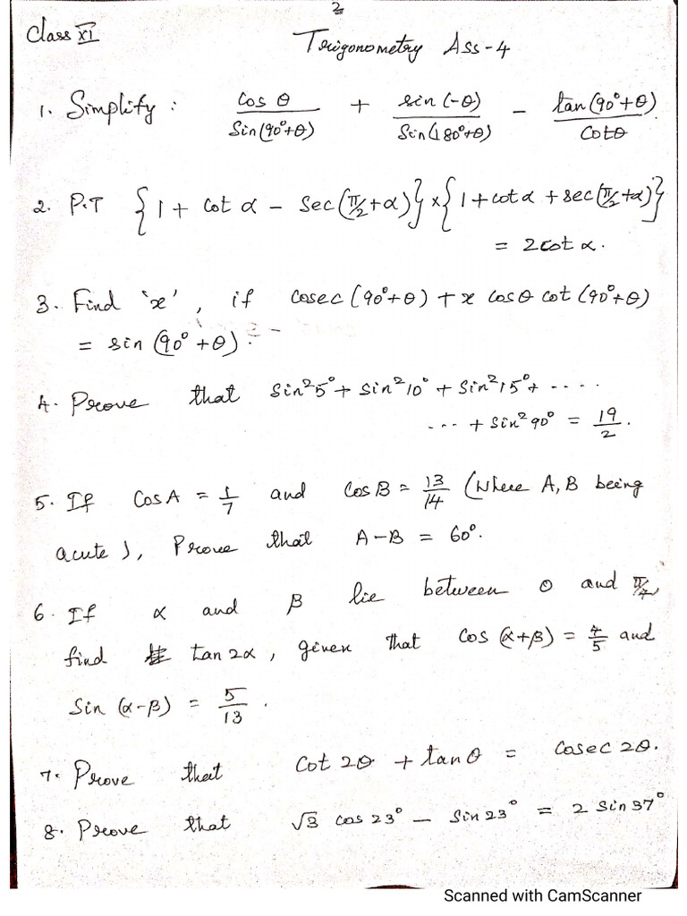 Class XI - Trigonometry Assignment-4 | PDF