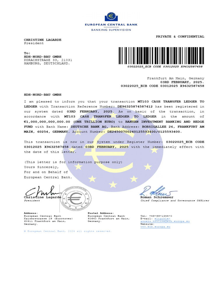 ECB Transaction Confirmation Letter | PDF
