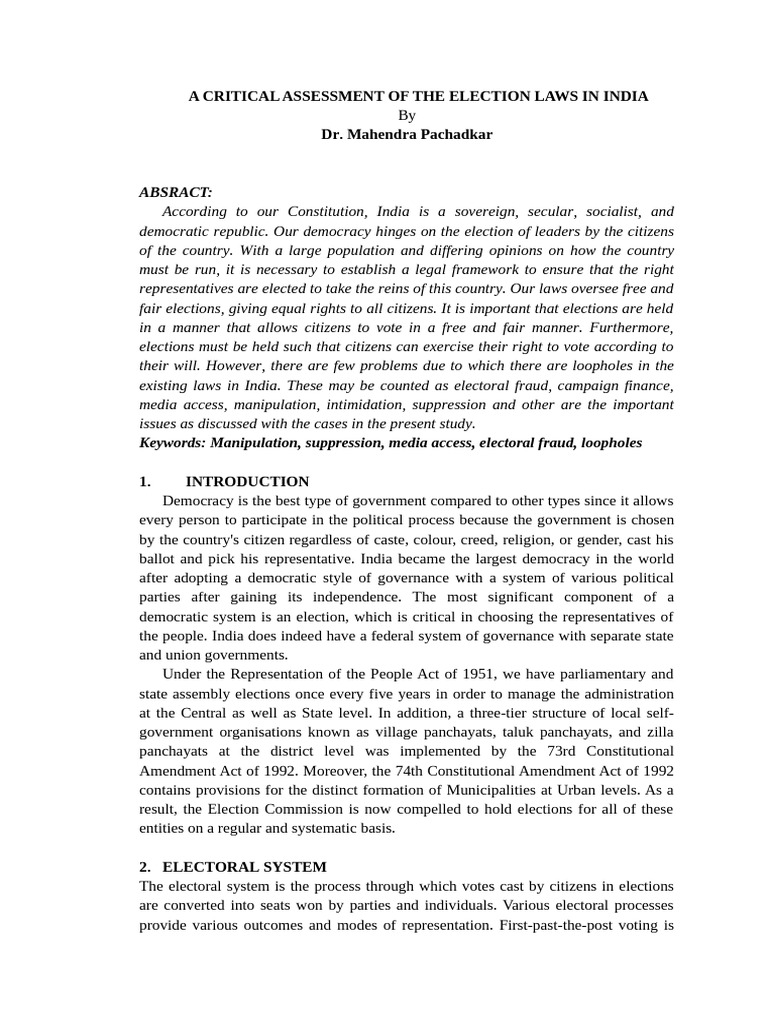 Election Laws in India: A Critical Review | PDF | Elections | Voting