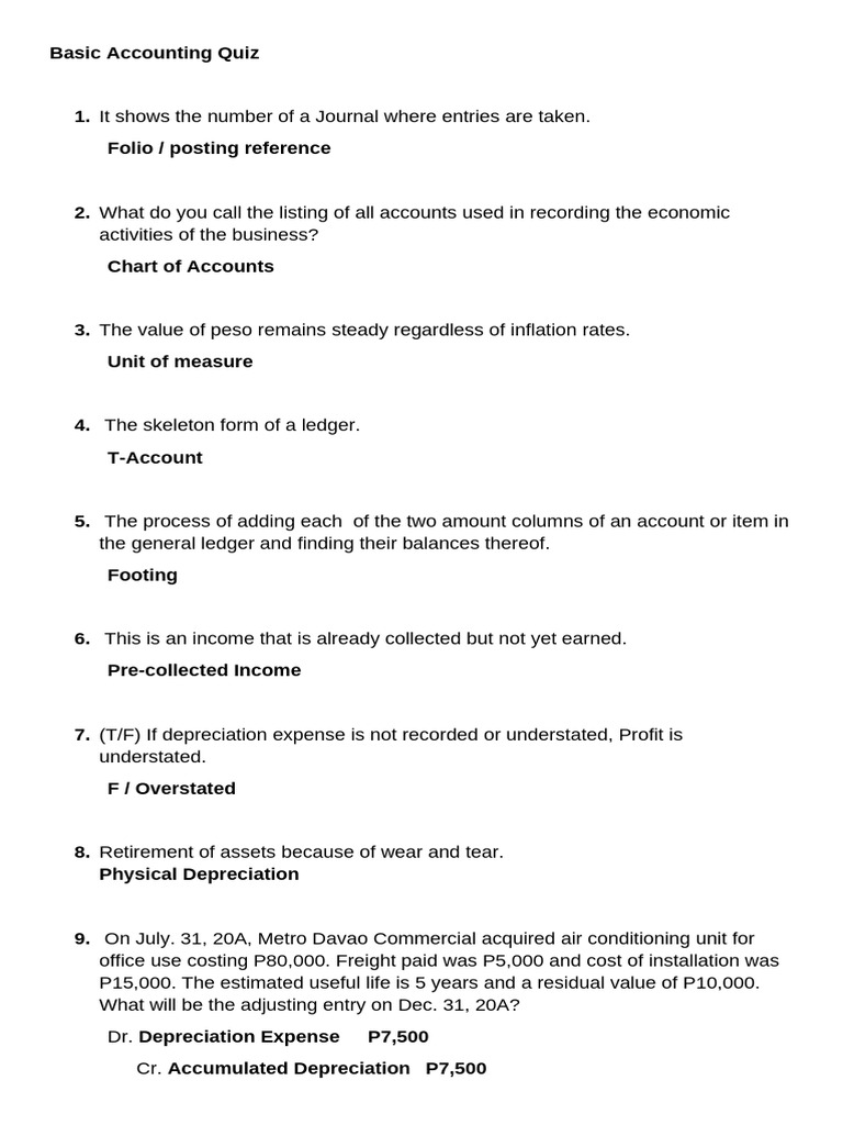 Basic Accounting Quiz Answers | PDF | Depreciation | Accounting