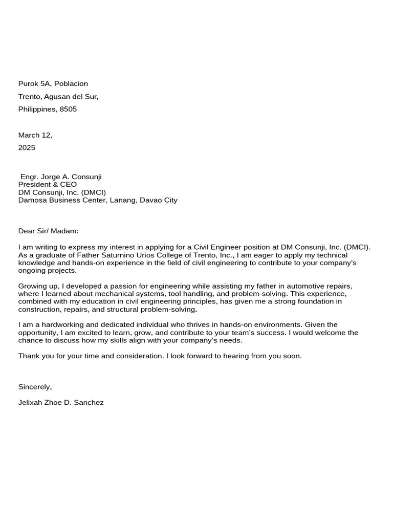 Civil Engineer Application Letter | PDF