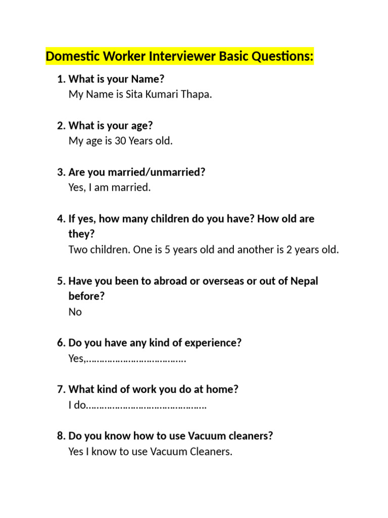 Domestic Worker Interview Questions | PDF