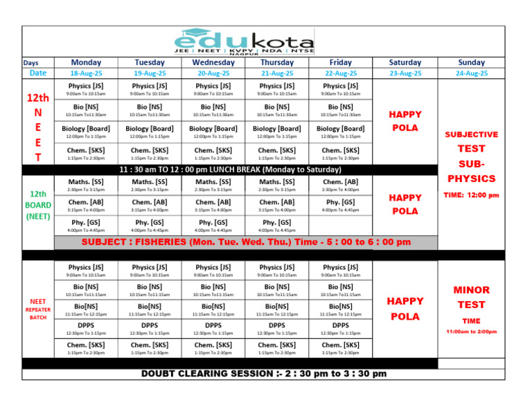Weekly Class Schedule for NEET 2025 | PDF