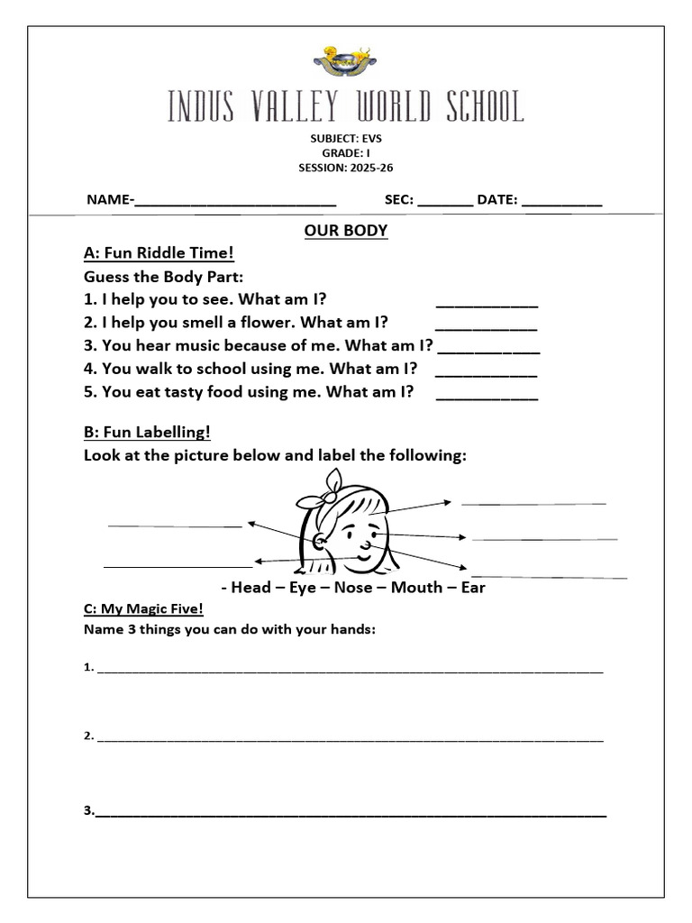 Grade 1 EVS Workbook: Our Body | PDF