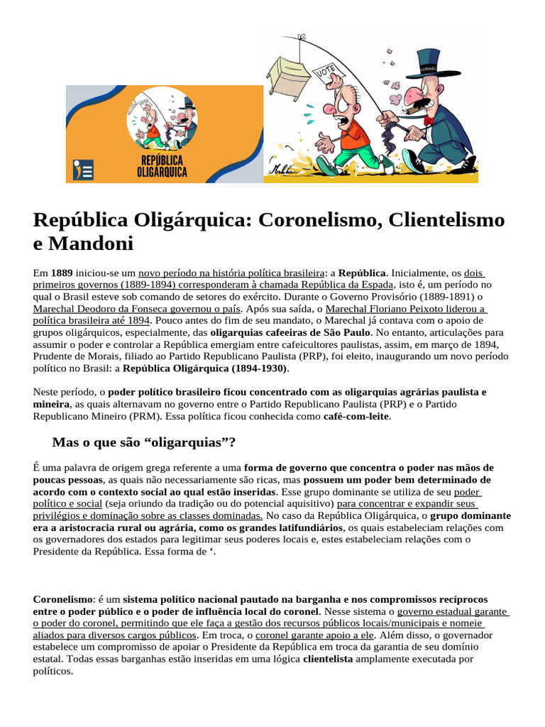 República Oligárquica: Coronelismo e Clientelismo | PDF | Oligarquia ...