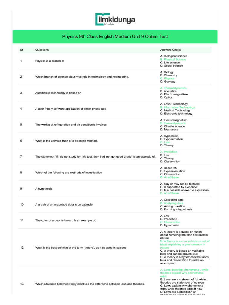 English Medium 9th Physics Chapter 9 Test Preparation All Mcqs - PDF ...