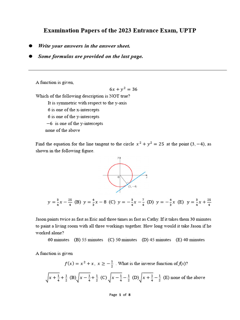 2023 UPTP Entrance Exam Papers | PDF | Mathematical Concepts ...