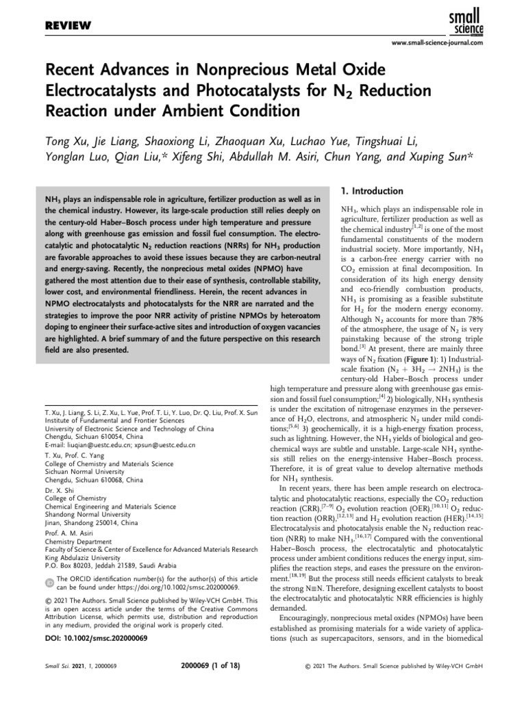 Small Science 2021 Xu Recent Advances in Nonprecious Metal Oxide ...