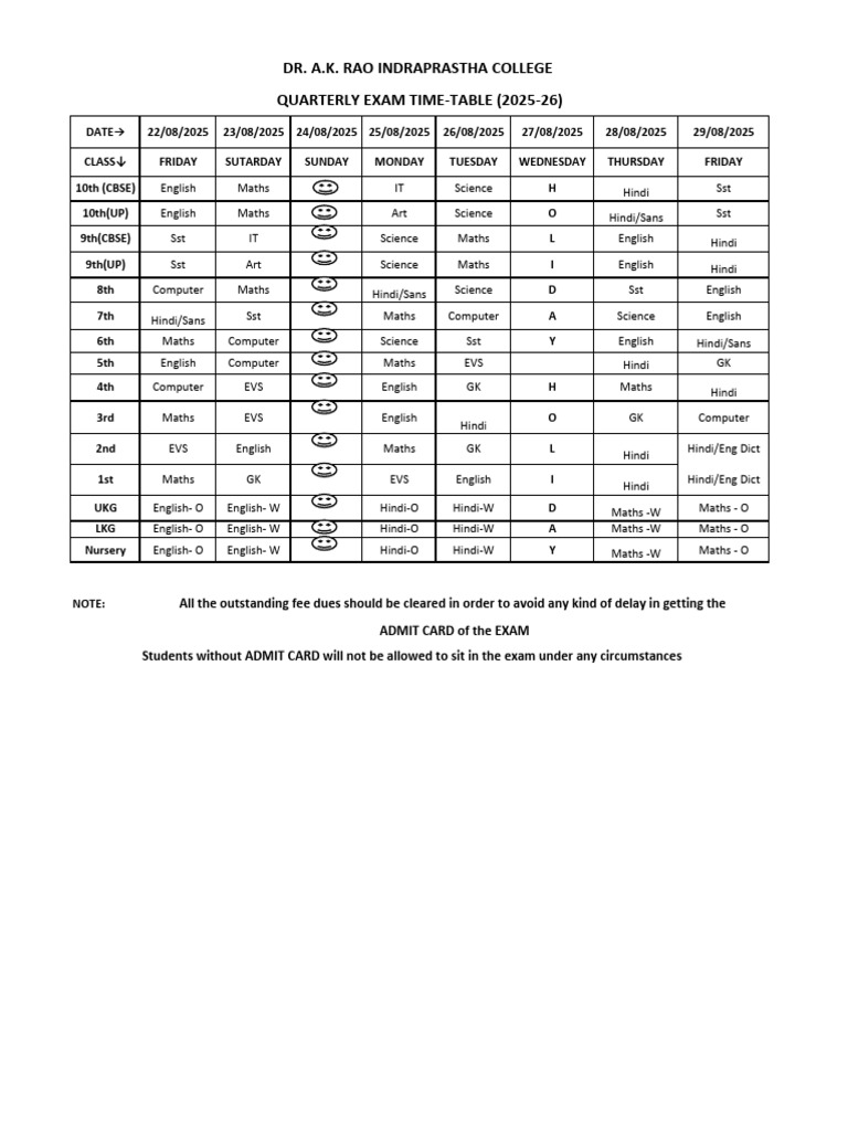 Quarterly Exam Time-Table (2025-26) | PDF