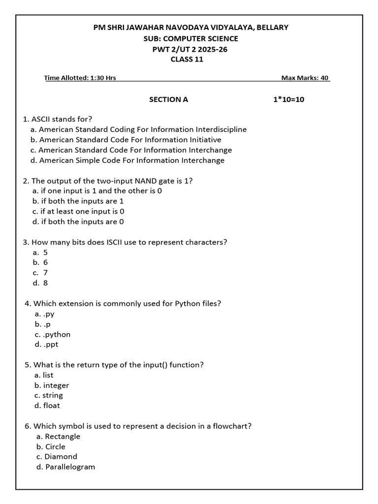 Class 11 Computer Science Exam Paper | PDF | Data Type | Python ...